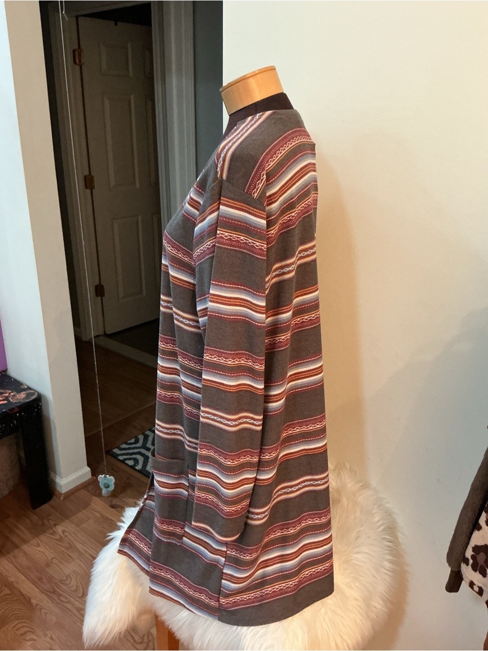 Wallflower 2X Open Front Striped Cardigan Duster Boho Lightweight Pocket Sweater - Picture 4 of 14